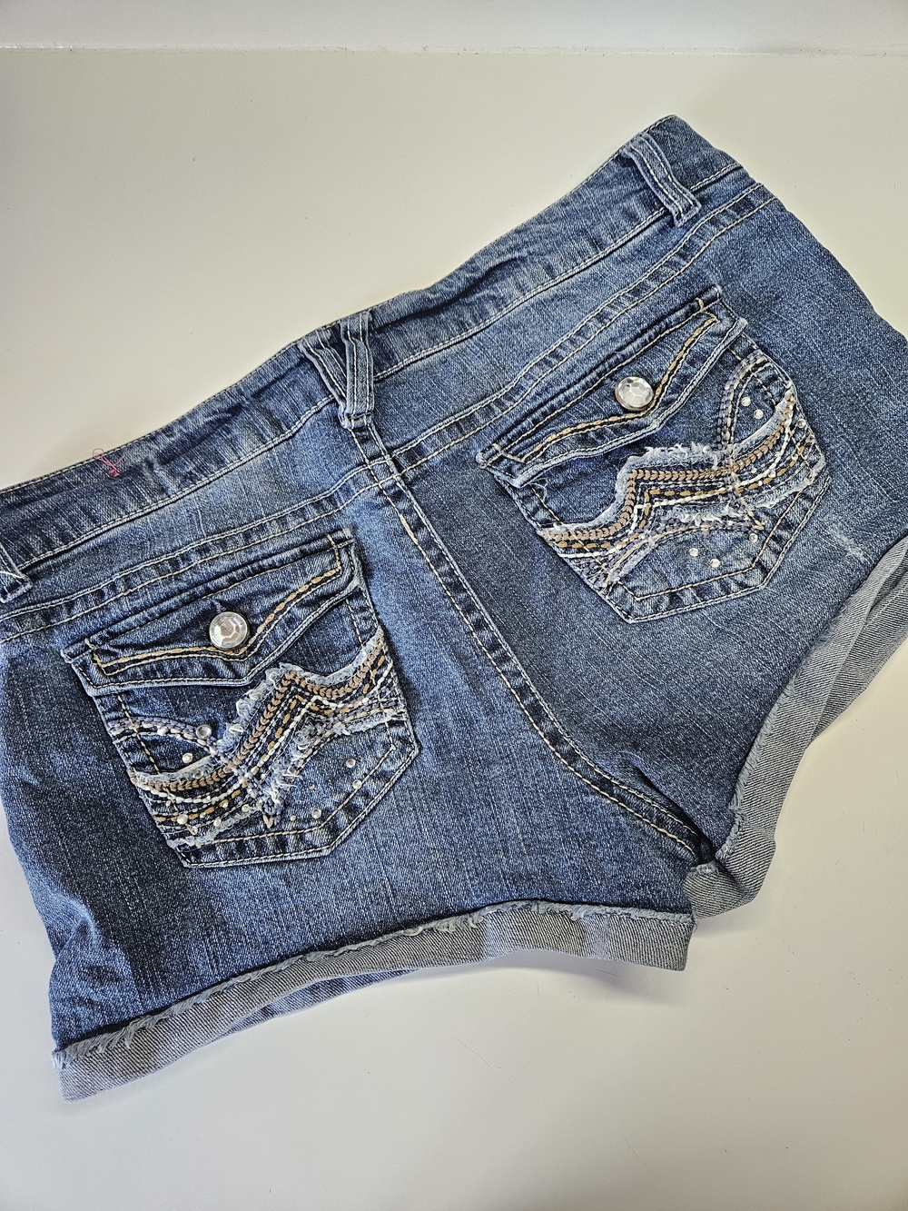 Wallflower Y2K Embellished Pocket Rhinestone Denim Jean Shorts Women Junior 15